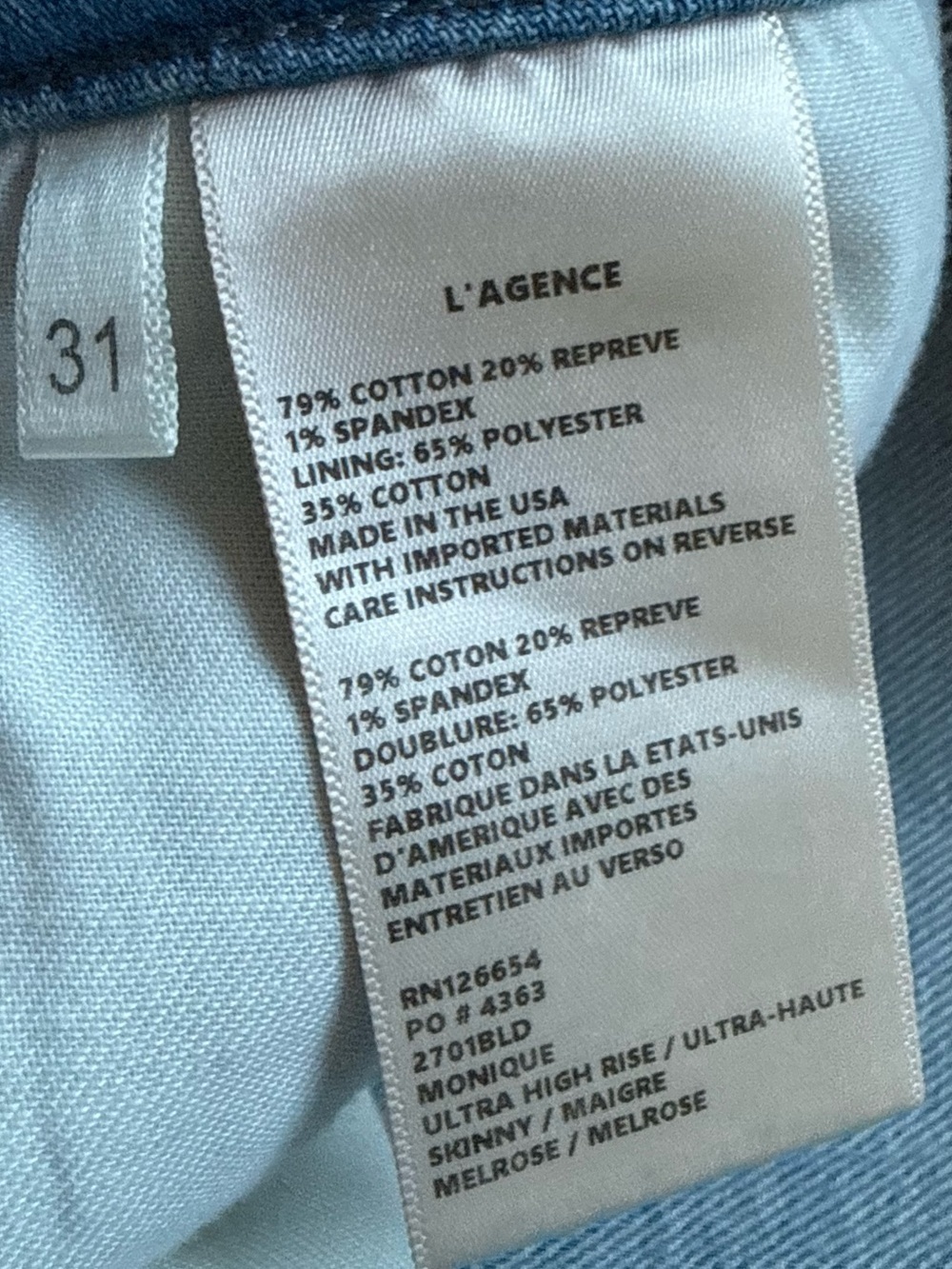 L'AGENCE Monique Ultra High-Rise Skinny Jeans Melrose Denim Women’s Size 31 - Picture 11 of 11